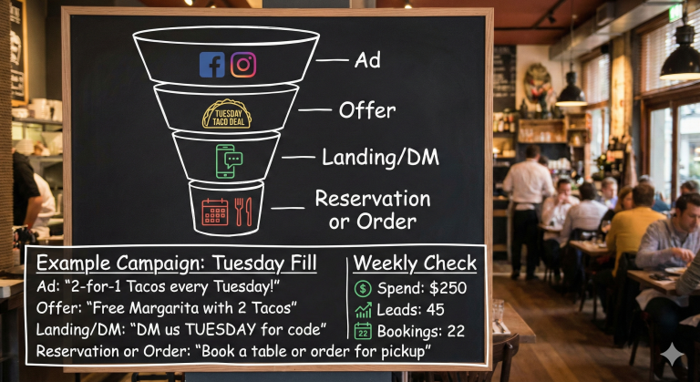 Mini diagrama de funil “Ad - Offer - LandingDM - Reservation or Order”, com um exemplo de campanha para “Tuesday Fill” e os 3 números para checar toda semana (spend, leads, bookings).